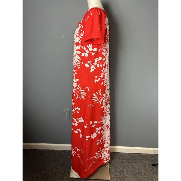 Vintage 70s Womens M Red/White Long Floral Print Hawaiian Maxi Dress Wedding - Picture 4 of 8